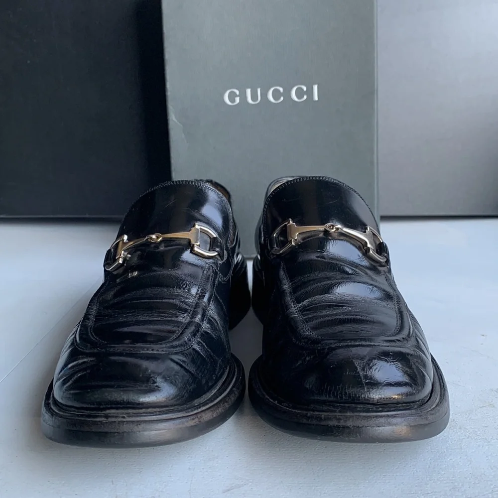 Gucci Horsebit Loafers Womens 8B Black Leather Block Heel Slip‎ On Italy Classic - Picture 8 of 17